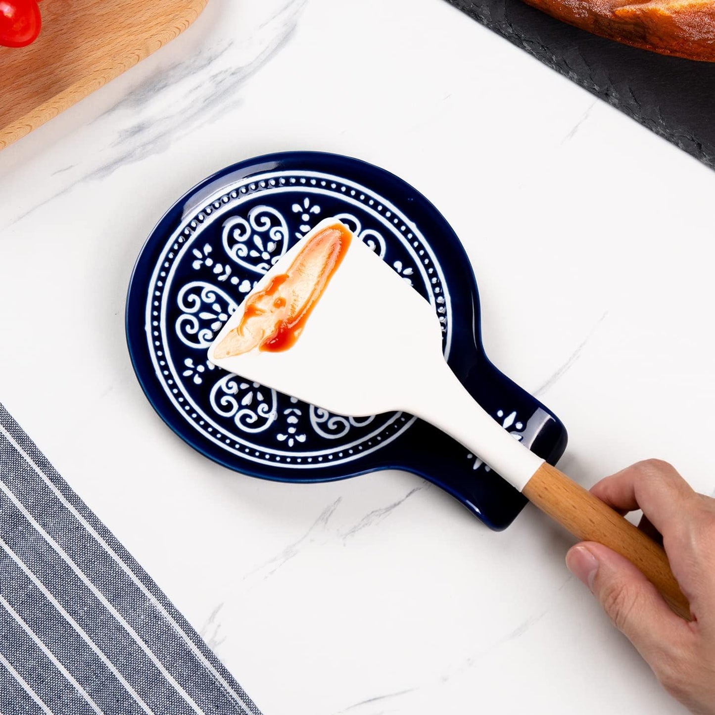 Porcelain Spoon Rest, Ceramic Utensils Holder for Kitchen Counter and Stove Top, Modern Farmhouse Decorative, Navy