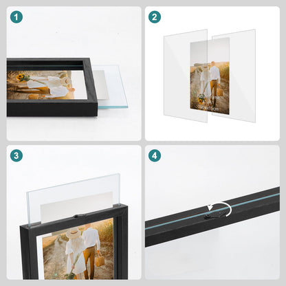 WIFTREY 4x6 Floating Picture Frames Set of 4, Black Rustic Picture Frame 4 x 6 for Wall Hanging, Double Glass Family Photo Frame Display Multi Size, 3.5x5, 4x6, 5x7, 6x8