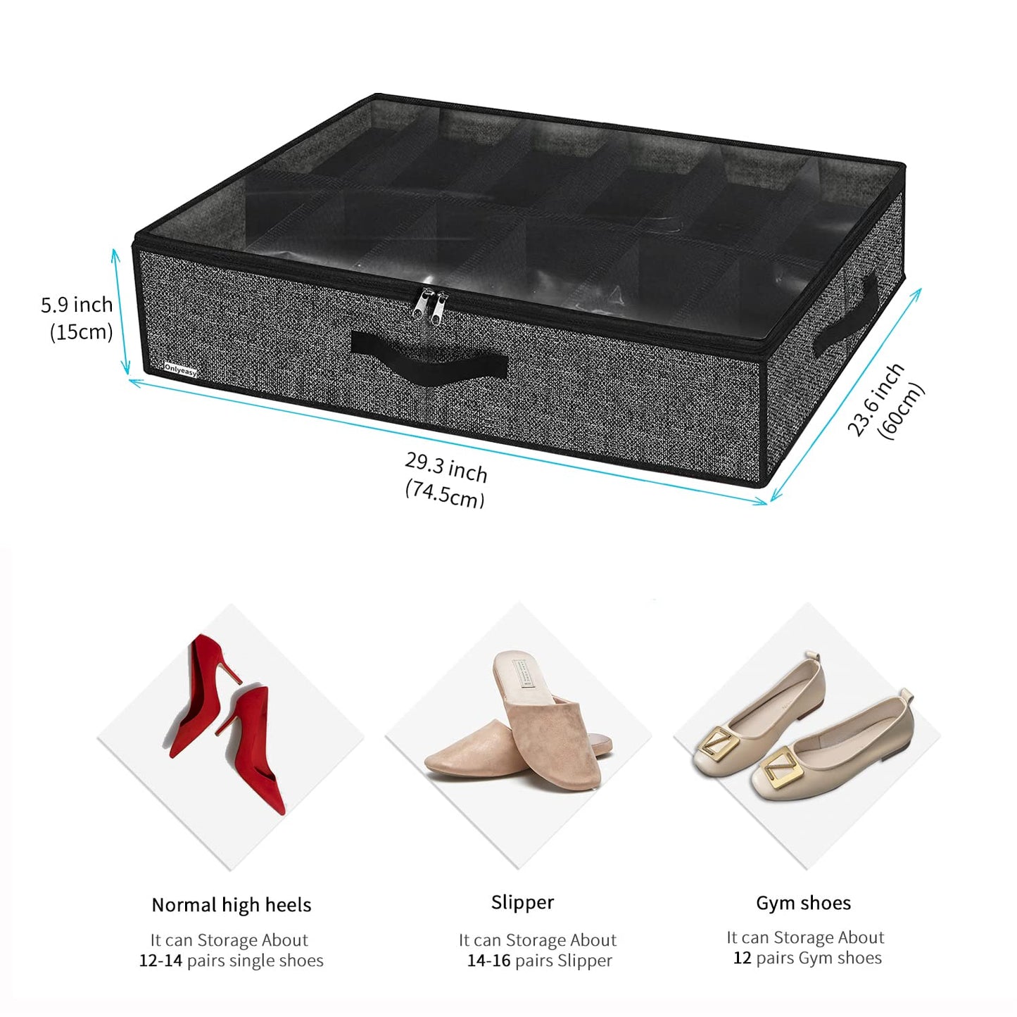 Onlyeasy Sturdy Under Bed Shoe Storage Organizer, Set of 2, Fit 12 to 24 Pairs, Underbed Shoes Closet Storage Solution with Clear Window, Breathable, L29.3"x W23.6"x H5.9", Linen-like Black, MXAUBSB2P