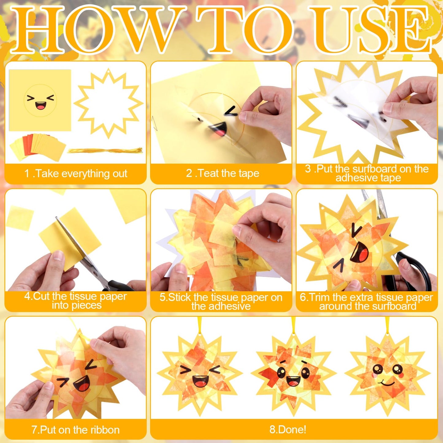 AmazingSpark 30 Pcs Sun Suncatchers Paper Craft Spring Sun Face DIY Stained Glass Effect Tissue Paper Kits Gift Bulk for Summer Sunshine Activities Art Party Decor
