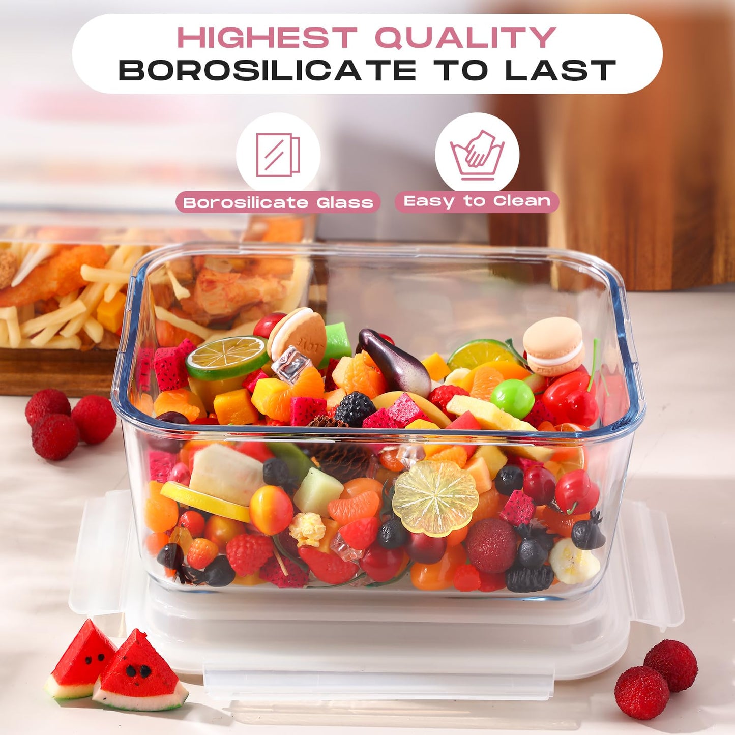 Blushtier 2 Pcs 6500 ML/ 220 oz/ 28 Cup Large Glass Food Storage Containers with Airtight Locking Lid Ideal Storing Food Vegetables Fruits Baking Casserole Lasagna Roasting Turkey, Transparent