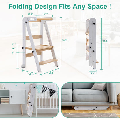 Foldable Toddler Tower, Kitchen Stool Helper, Standing Tower with 3 Adjustable Heights and Non-Slip-Strips, Kitchen Tower for Kids 1.5-6 Years, Montessori Stool for Counter Sink (White)