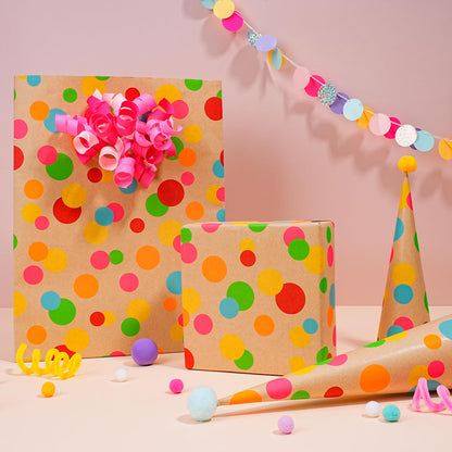 BIOBROWN Kraft Wrapping Paper Roll Colorful Polka Dots Design Perfect for Birthday Holiday Wrap 17 inch X 33 feet