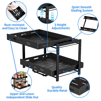 BOIVSHI Spice Organization for Cabinet, 2-Tier Cabinet Spice Rack, Height Adjustable Vertical Spice Rack Pull Out for Kitchen, Cabinet, Pantry (14.1''Wx10.8''Dx9.2''H, Metal Black)