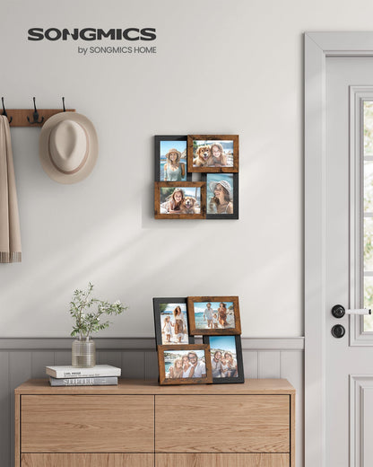 SONGMICS Collage Picture Frames, 4x6 for Wall Decor, Multi Family Photo for Gallery Decor, Hanging Display, Set of 4, Ink Black and Rustic Brown URPF025K01