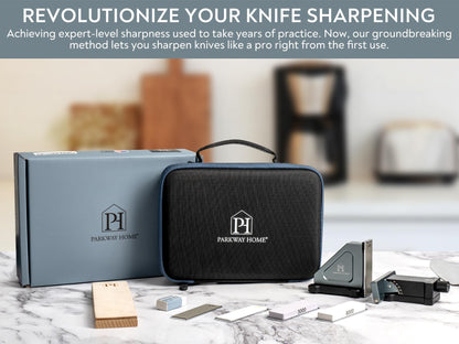 PATENTED ORIGINAL ADJUSTABLE ROLLING KNIFE SHARPENER KIT: Adjustable Height, 30 Angle Options, 5 Removeable Whetstone Plates, Leather Strop with Travel Case - Kitchen Knife Sharpener