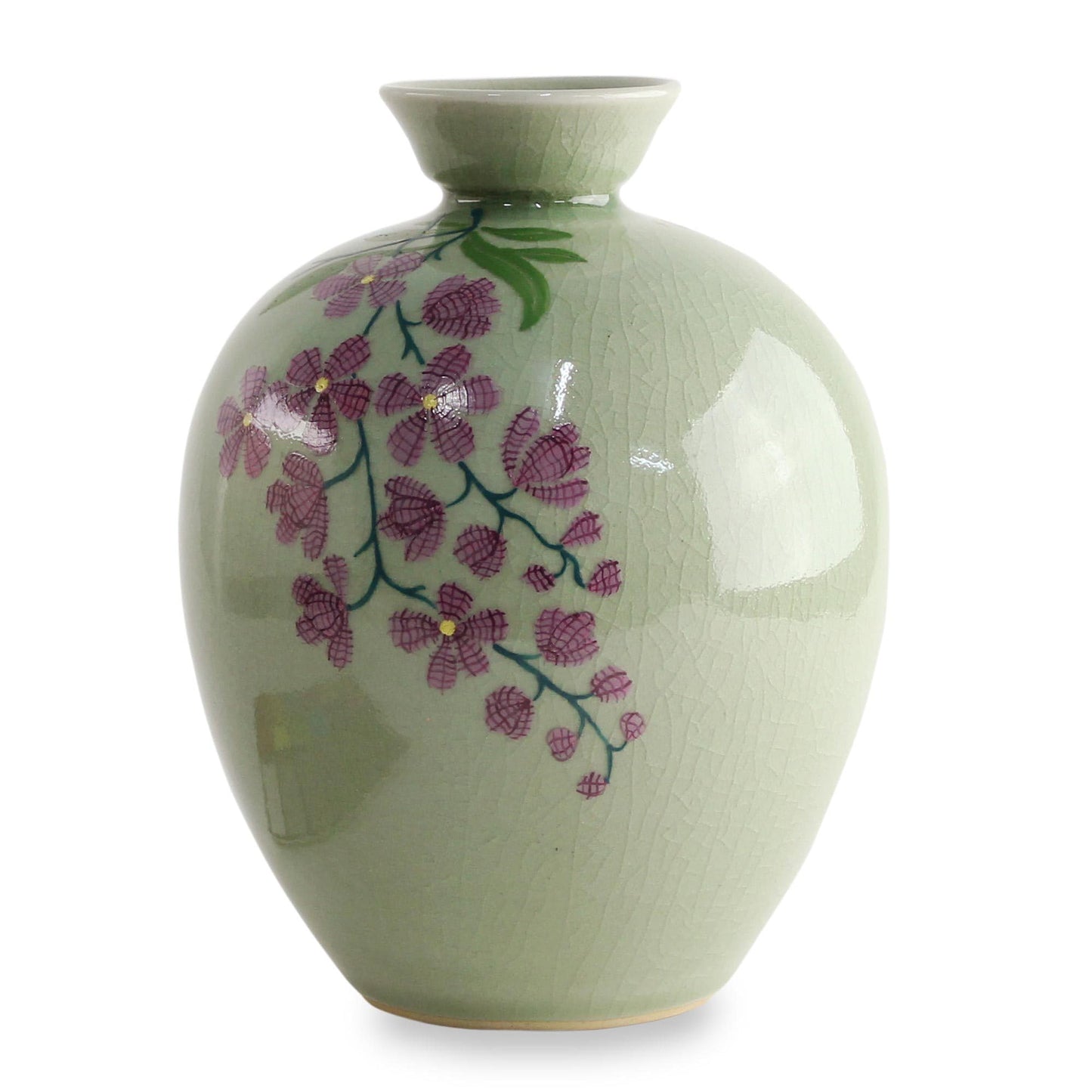 NOVICA Artisan Handcrafted Celadon Ceramic Vase Floral from Thailand Pink Vases [8.5in H x 6.5in Diam.] ' Round Garden'
