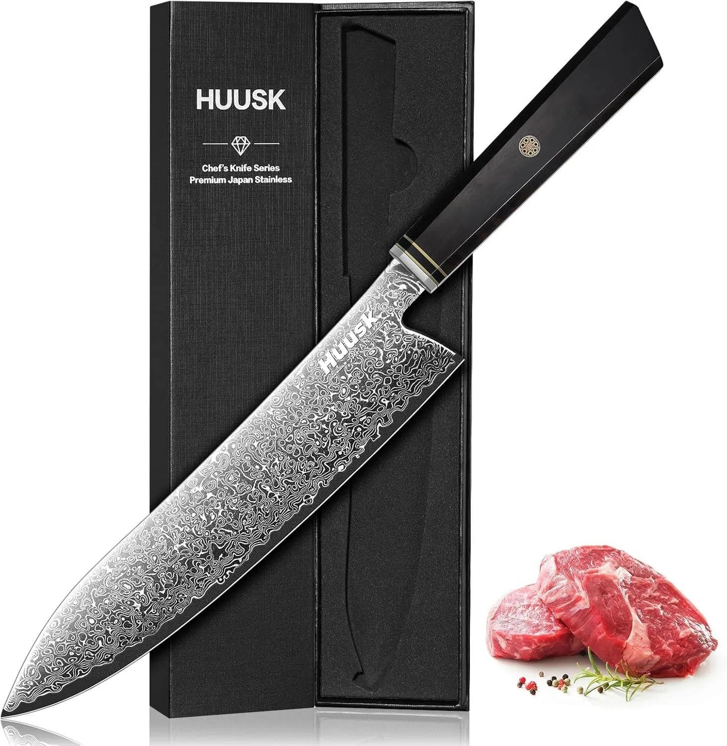 Huusk Damascus Chef Knife 8 Inch, 67-Layers Damascus Kitchen Knives with Ergonomic Wood Handle, Ultra Sharp Japanese Knife, Professional Cooking Knives for Kitchen, Christmas Gifts for Men Women