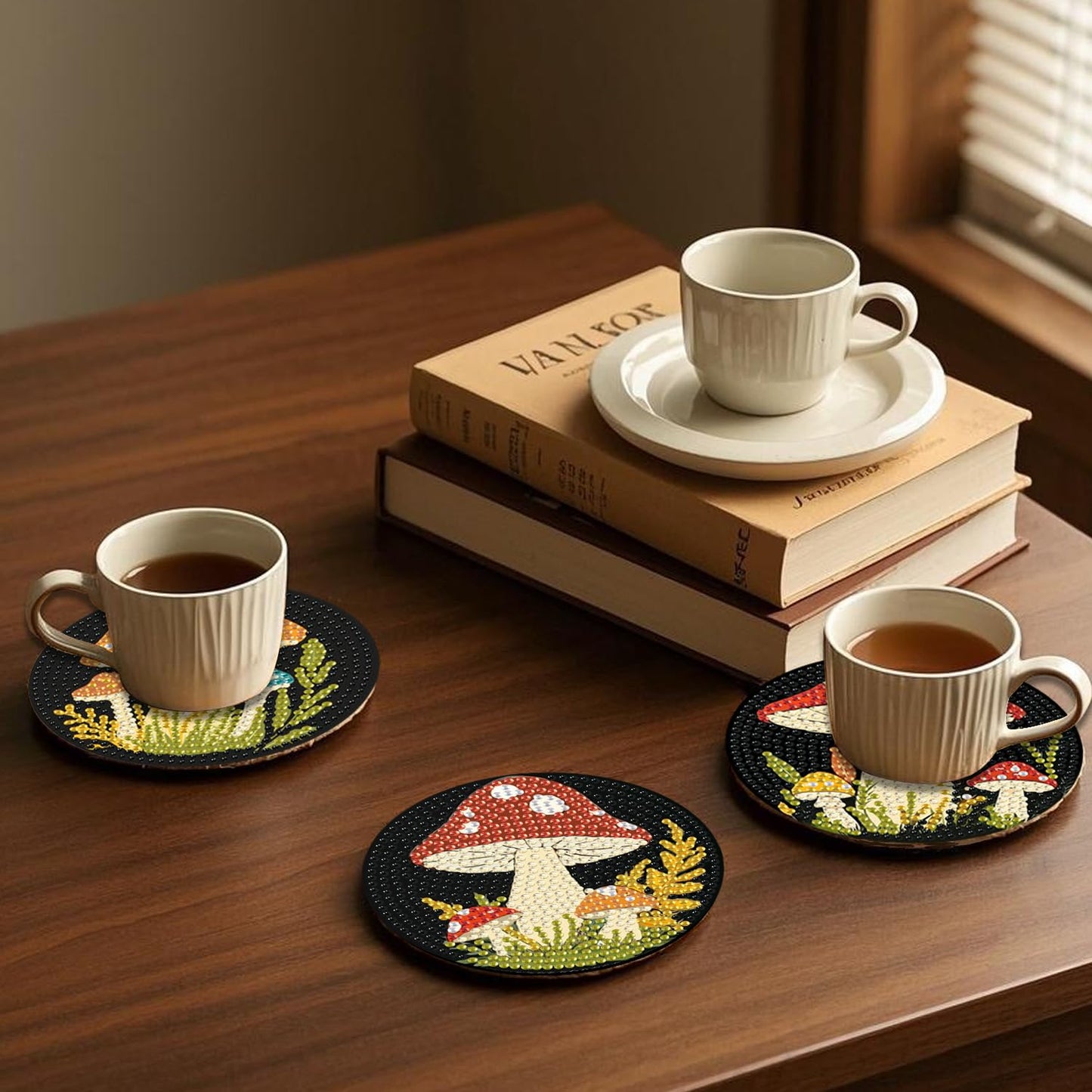 EWJRNSF 6 PCS 5D Diamond Painting Coasters Kits with Holder, Small Diamond Art Kits for Adults Beginners Diamond Dots Arts and Crafts Gems Supplies Item Mushroom Shaped