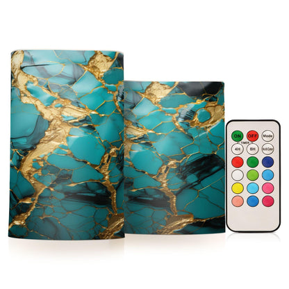 BOENLE Flickering Flameless Candles, Turquoise Golden Marble LED Candles with Remote Timer, Set of 2 Battery Operated Candle for Valentine Wedding Birthday