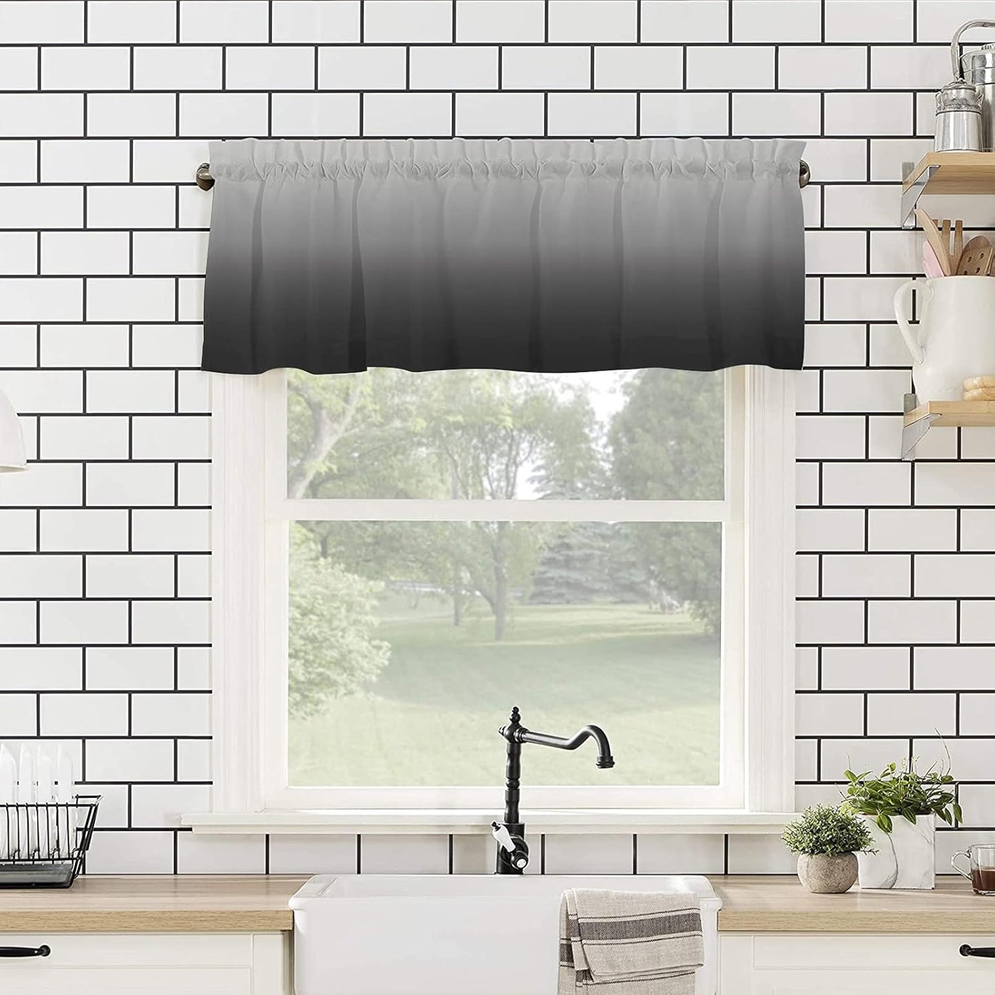Valance Curtain for Kitchen, Ombre Black Grey Window Valance for Living Room, Rod Pocket Valances for Bedroom