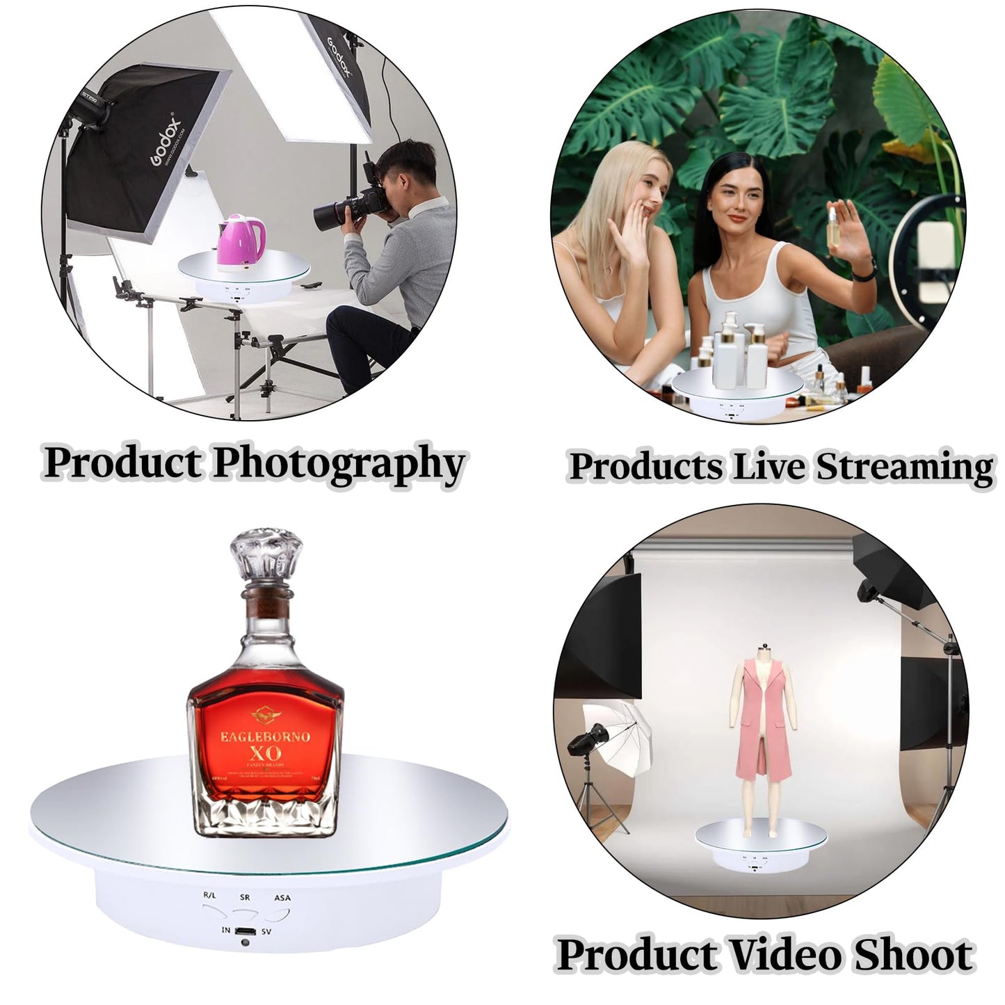 JAYEGT Motorized Rotating Display Stand, 7.87inch /17.6lbs Load, 360 Degree Electric Rotating Turntable for Photography Products, Jewelry，5 Colors Backgrounds, Mirror Cover (White/Remote Control)