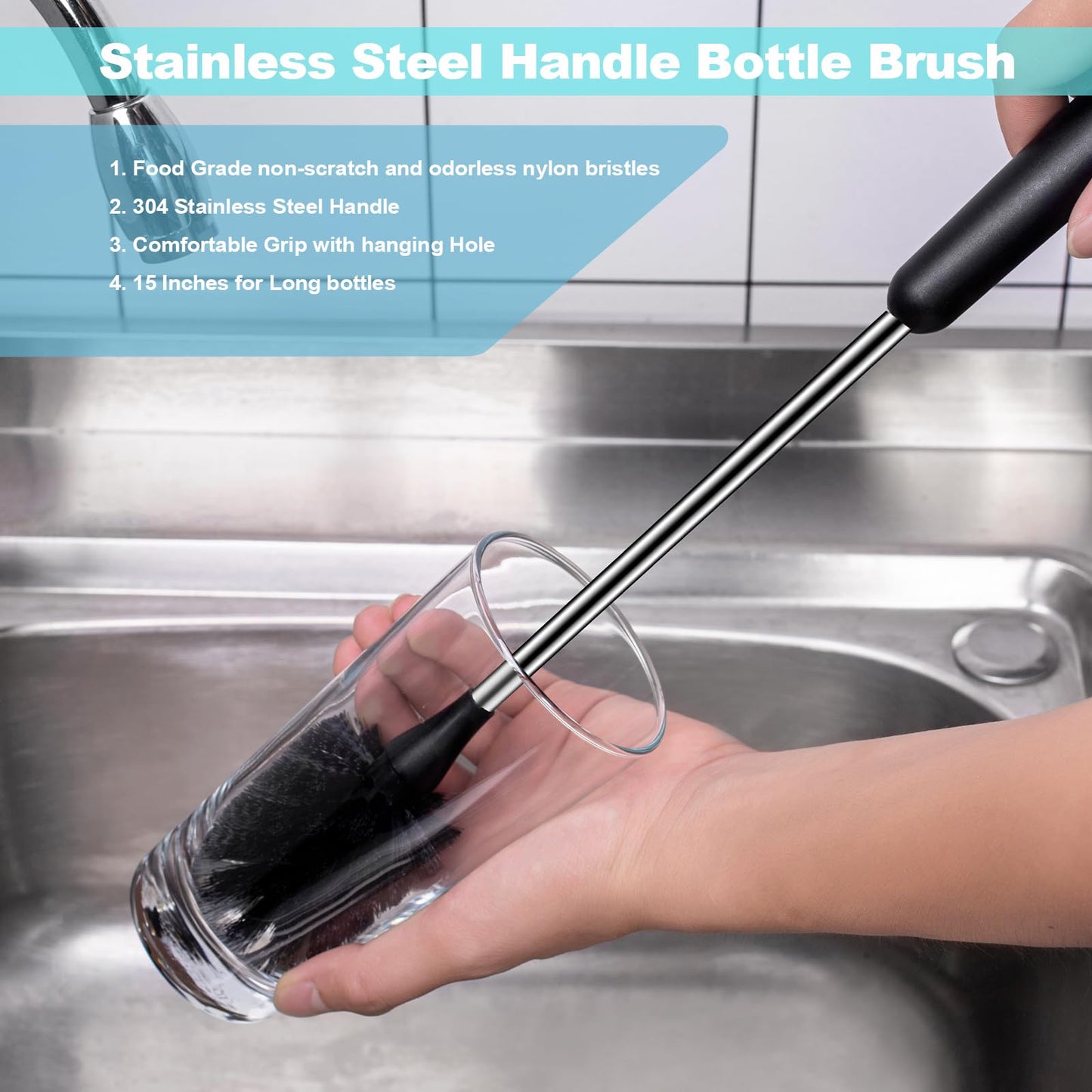 [4 Pack] Water Bottle Brush & Straw Cleaner Set,Stainless Steel Long Handle Baby Bottle Scrub Cleaning Brush for Sports Bottles, Cups, Dishes, Coffee Mugs, Glasswares, Tumblers, Wine Decanters