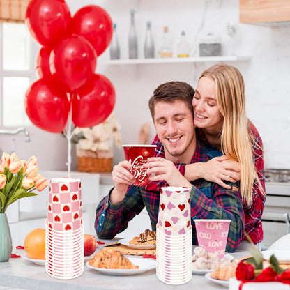 YQUQWN 50Pcs Valentine Paper Cups 9oz – 5 Heart Designs Disposable Valentine Cups Red Paper Party Drinkware for Coffee Juice Weddings Gatherings