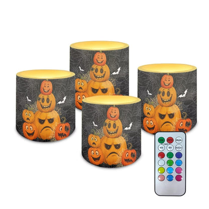 Merkmak 4 Pack Flameless Candles with Remote Halloween Pumpkin Bat Battery Operated Pillar Candles with Timer LED Elictric Tealights for Trick or Treat Party Banquet Home Decorations