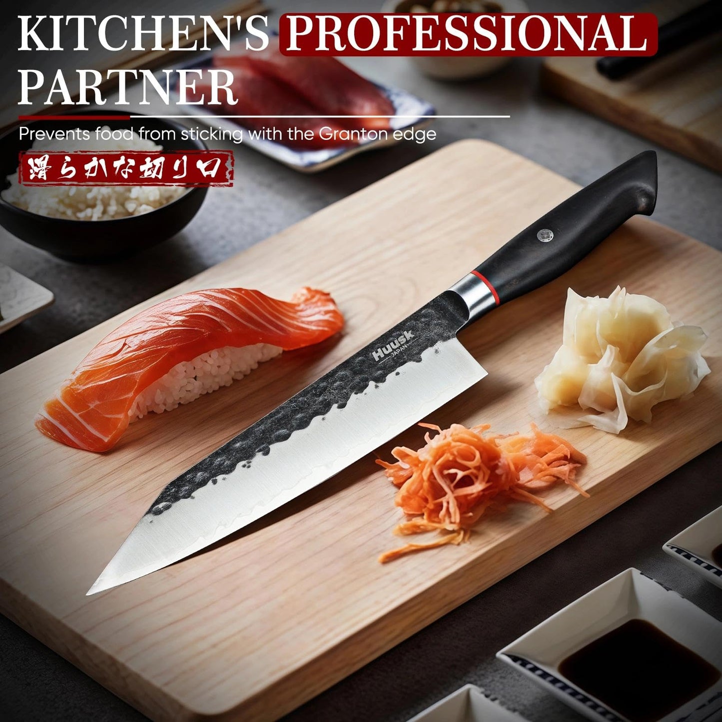 Huusk Kiritsuke Japanese Chef Knife - Hand Forged Japanese Knives with VG10 Steel Core, Ergonomic Handle 8 inch Kitchen Knife for Meat Sashimi Vegetable, Elegant Gift Box, Pro Chef's Choice