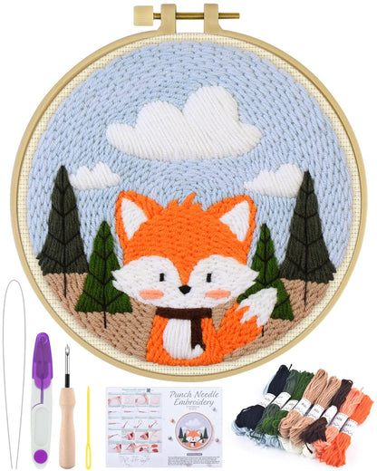 ERKOON Punch Needle Kit for Beginners Adults, DIY Easy Animal Embroidery Set for Starter Art Craft, Needling Punch Project with Patterns, Tools, Yarns, Hoop, Instruction (Fox)