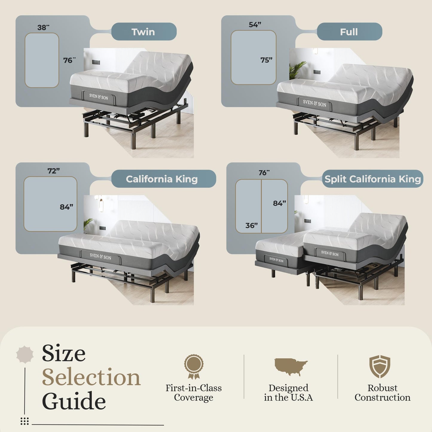 Sven & Son Harmony Adjustable Bed Base, Head and Foot Lift, Massage, Under-Bed Lights, USB, Gel Memory, Zero Gravity Smart Frame - Full + 14 inch Hybrid Spring Matt (Medium Soft)