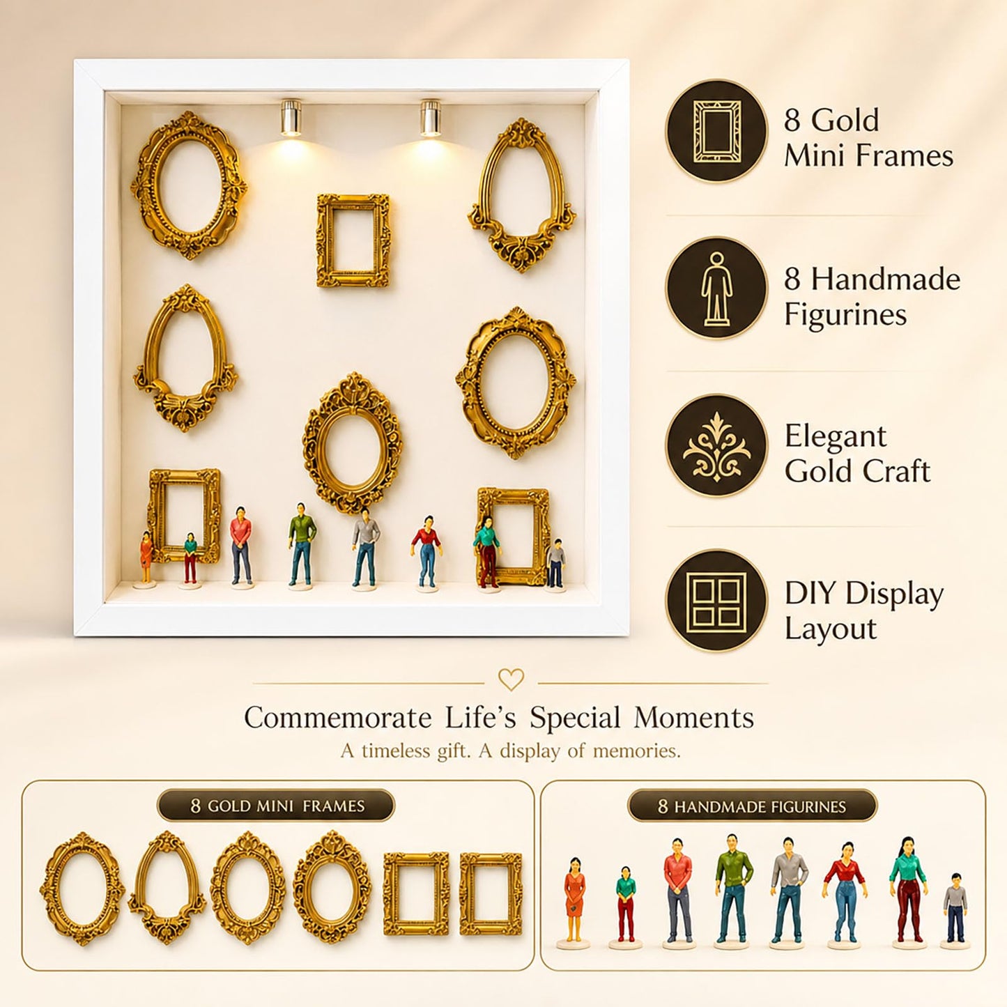 DIY Mini Museum Shadow Box Frame Kit, Personalized Museum of Us Silhouette Display with 8pcs Mini Gold Frames & 8pcs Mini Figurines, Custom Family Memory Box for Wedding, Anniversary & Home Decor