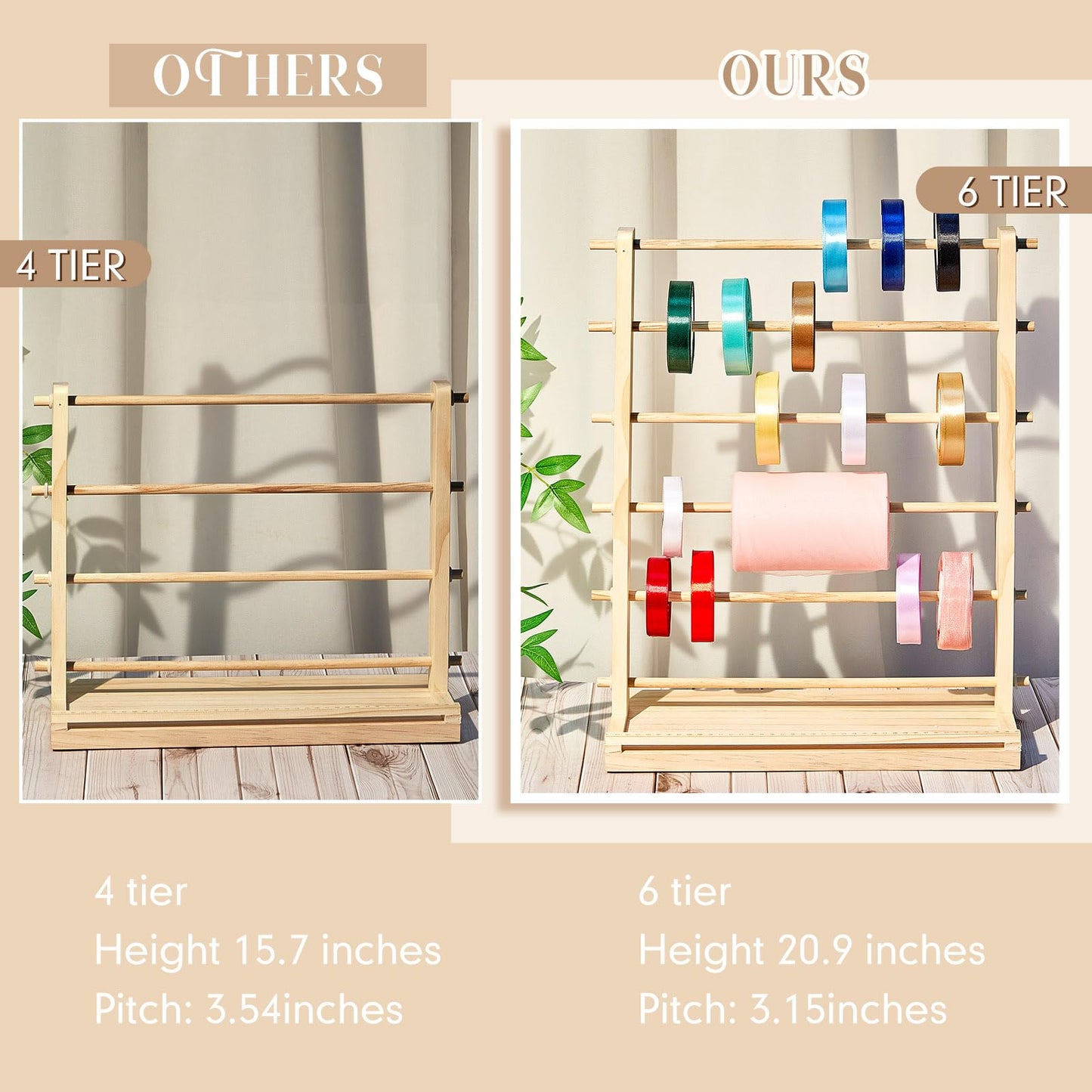 Menkxi 6 Tier Wooden Ribbon Organizer Ribbon Holder for Craft Room Storage Florist Spool Rack Wreath Making Supplies Gift Wrapping Organizer for Sewing Stabilizer Rolls Mothers Day Gift Spring Wedding