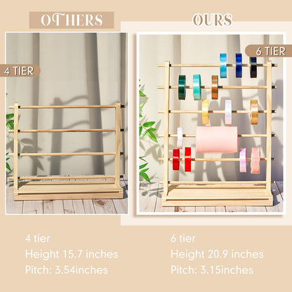 Menkxi 6 Tier Wooden Ribbon Organizer Ribbon Holder for Craft Room Storage Florist Spool Rack Wreath Making Supplies Gift Wrapping Organizer for Sewing Stabilizer Rolls Mothers Day Gift Spring Wedding
