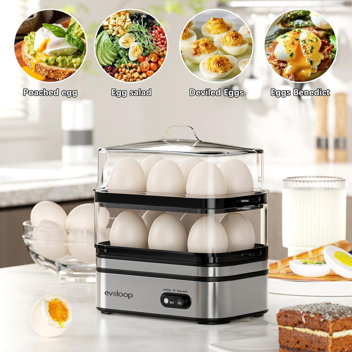 12 Evoloop Rapid Egg Cooker Electric Eggs Capacity, Soft, Medium, Hard Boiled, Poached, Omelet Maker Egg Poacher
