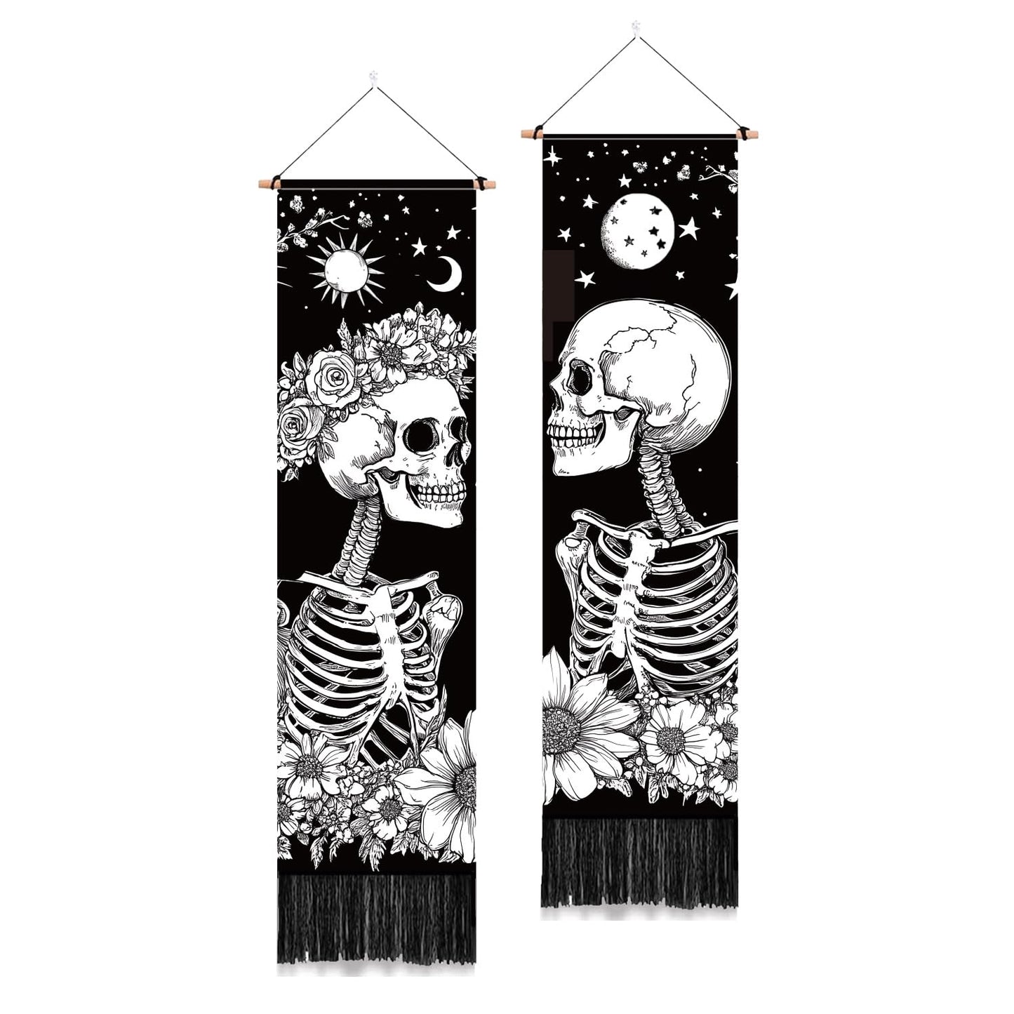 PLIGREAT 2 Pack Skull Long Tapestry Aesthetic Black and White Skeleton Wall Hanging with Tassels Sun Moon Tapestry for Bedroom Bathroom Living Room Long Narrow Wall Hanging Home Art Decor