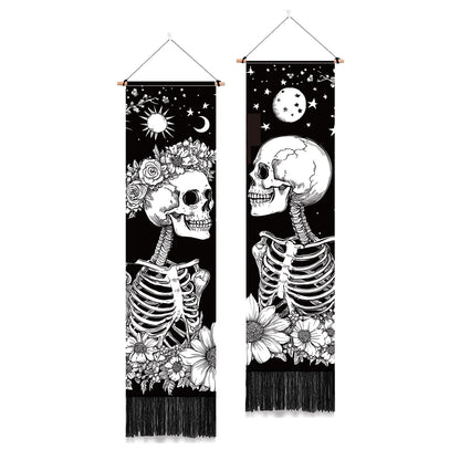 PLIGREAT 2 Pack Skull Long Tapestry Aesthetic Black and White Skeleton Wall Hanging with Tassels Sun Moon Tapestry for Bedroom Bathroom Living Room Long Narrow Wall Hanging Home Art Decor