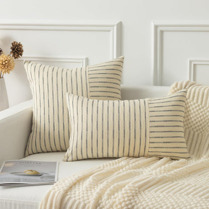 24x24, Set 2, Kevin Textile Farmhouse Pillow Covers Modern Accent Square Throw Pillow Covers of Beige and Black Striped