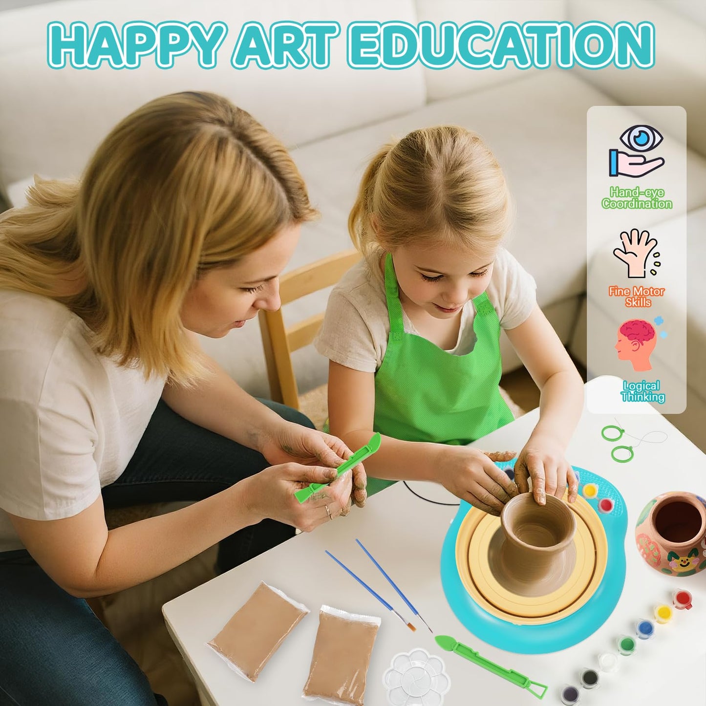Pottery Wheel for Kids, Arts & Crafts Pottery Painting Toys Kit for Kids Ages 8-12, Art Supplies with 3 Pack Air Dry Clay and Clay Tools, Birthday Easter Gift for Girls Boys 6 7 8 9 10 11 12