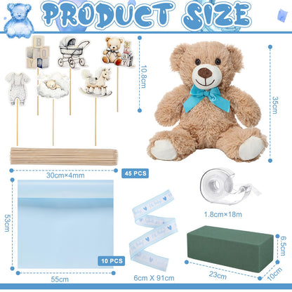Pinkunn 66pcs Teddy Bear Bouquet DIY Kit Accessory New Mom Gift Newborn Gender Reveal Baby Shower Supplies Flower Making Essentials Decorations with Teddy Bear Light Blue Ribbon Wrapping Paper Cards