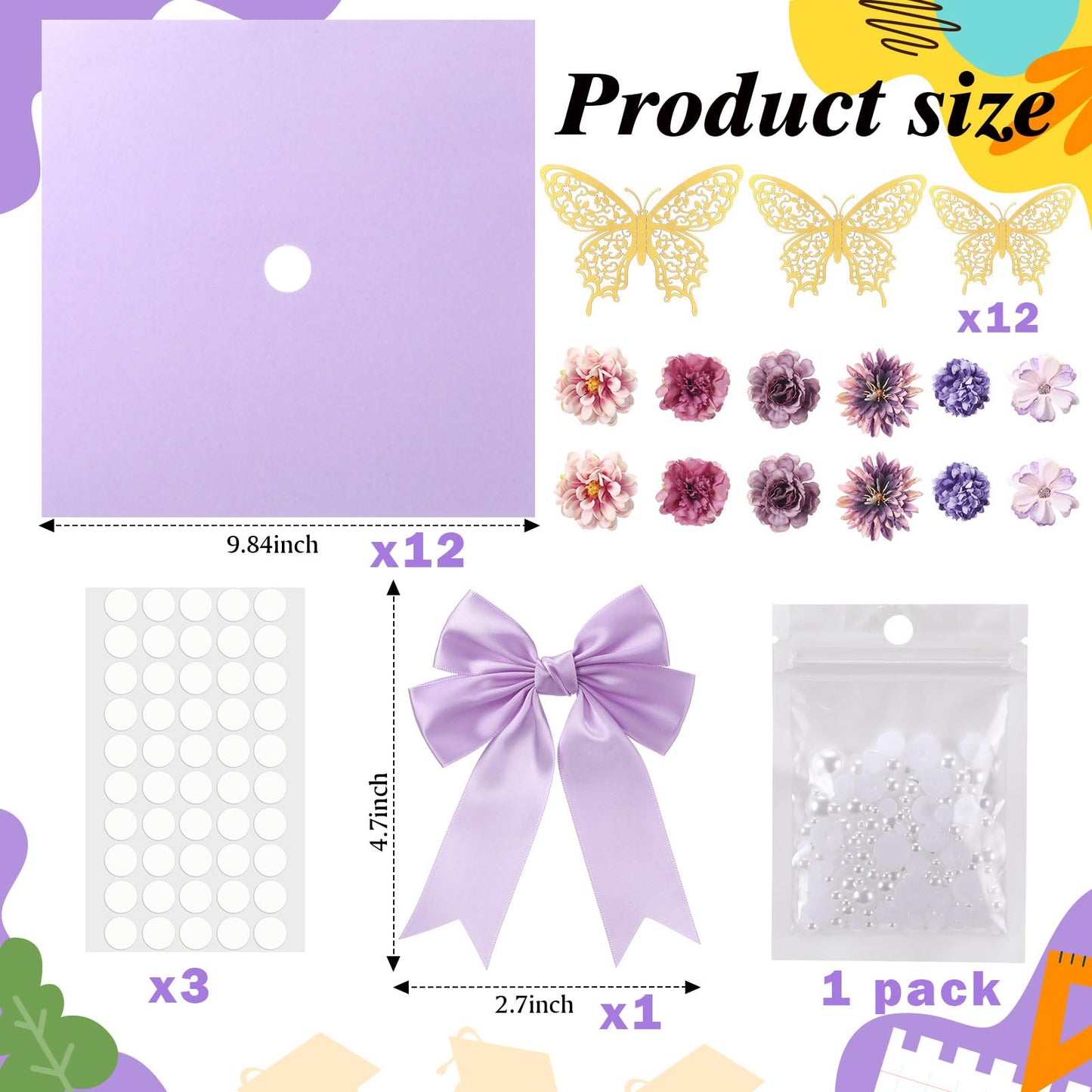 MotiMind 41 Pcs Purple DIY Graduation Cap Decoration Kit, Grad Cap Decorations Grad Hat Topper Faux Assorted Flowers Bows 3D Cream Construction Paper Butterfly Stickers Pearl Adhesive Dots