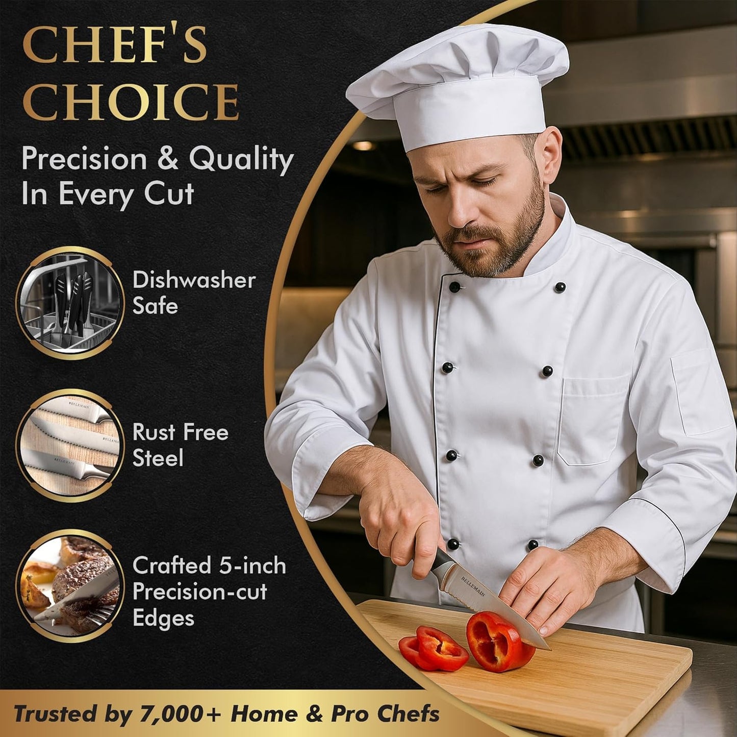 Bellemain Premium Steak Knives Set of 6, Kitchen Knife Sets with Steel Blades for Precise Cutting, Lightweight Steak Knife Set Stainless Steel & Durable, Serrated Steak Knives Dishwasher Safe