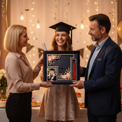Sliner 2026 Graduation Shadow Box Frame 12.5 x 13 Inch Display Case with Acrylic Window for 3 x 5 Photo Grad Cap Tassel Wood Graduation Cap Frame for 2026 Graduates Tabletop Wall Display Party Gift