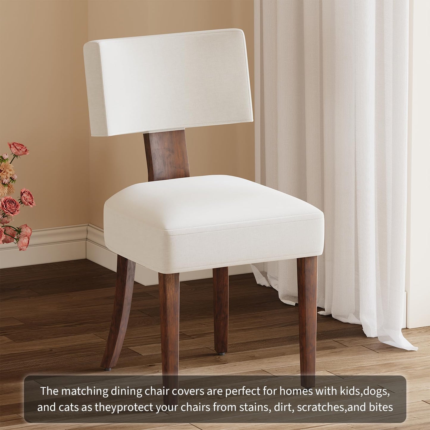 Garvee Dining Chairs Set of 4, Mid Century Modern Upholstered Chairs with Rattan Wood Back, Armless Kitchen Chairs with Brown Wood Legs for Dining Room Living Room, Beige