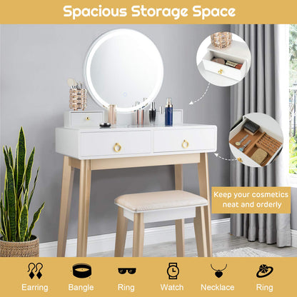 Nightcore Vanity Set, Makeup Vanity w/Round Lighted Mirror, Vanity Desk w/Cushioned Stool, 4 Drawers Modern Home Dressing Table for Girls & Women, White