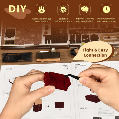 CCCDF Book Nook Kit - DIY Miniature House Coffee Shop Dollhouse Kit for Adults and Teens, 3D Wooden Puzzle Booknook Tiny House Bookshelf Decor, Gifts for Family, Friends (Saison Café)