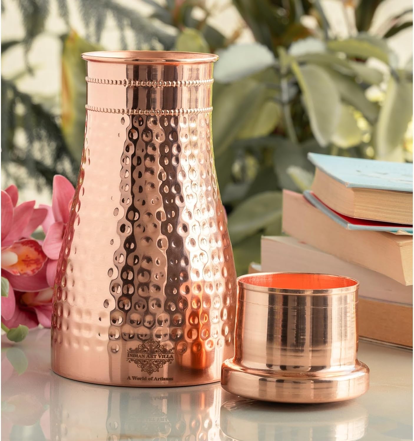 Indian Art Villa Pure Copper Bedroom Water Bottle with Inbuilt Glass & Hammered Shine Design, 32 Oz