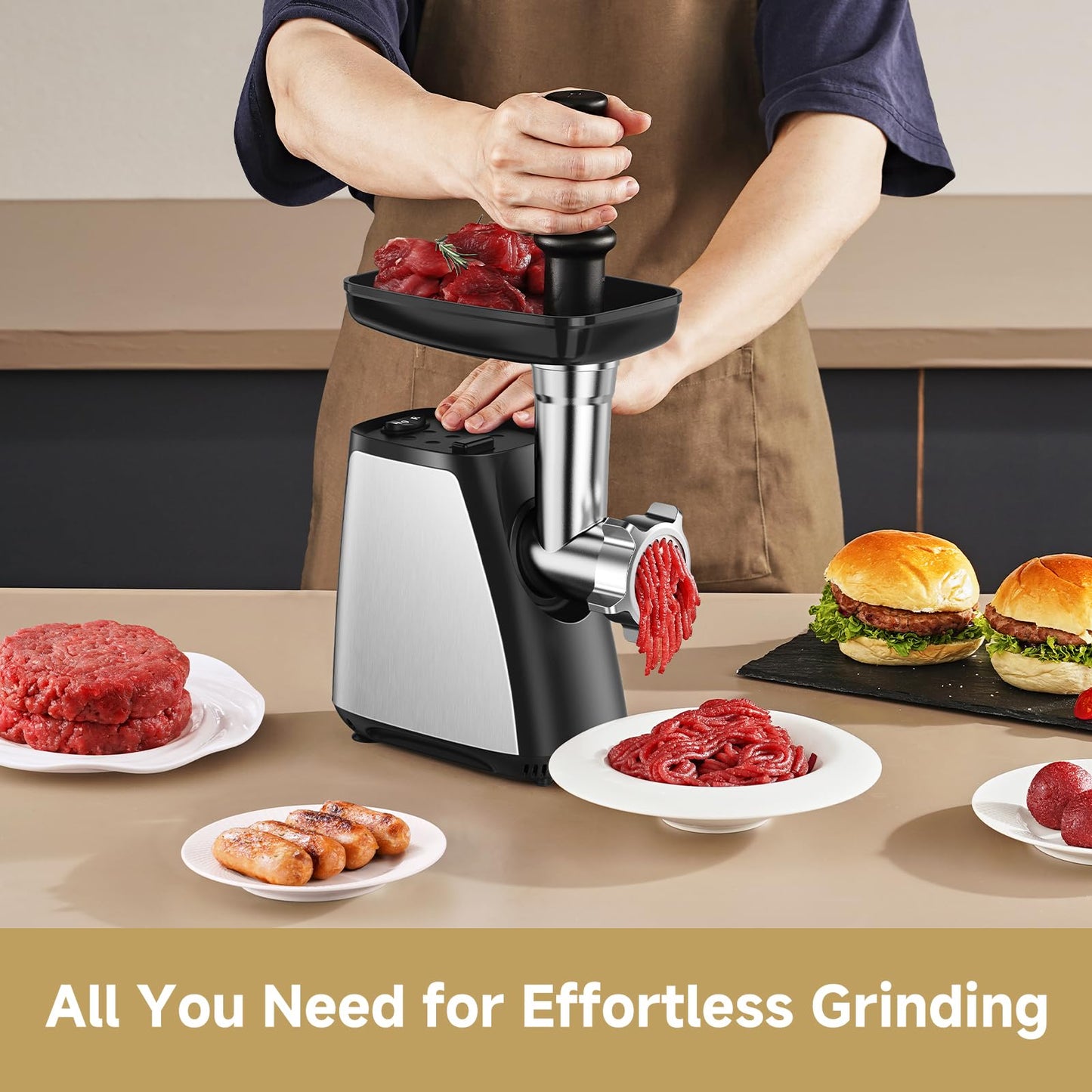 AAOBOSI Meat Grinder, 4-In-1 Meat Grinder Electric [2800W Max] with 3 Slice, Shred Blades,2 Blades,3 Plates,Sausage Stuffer,Kubbe Kit, for Home Kitchen Use, Stainless Steel