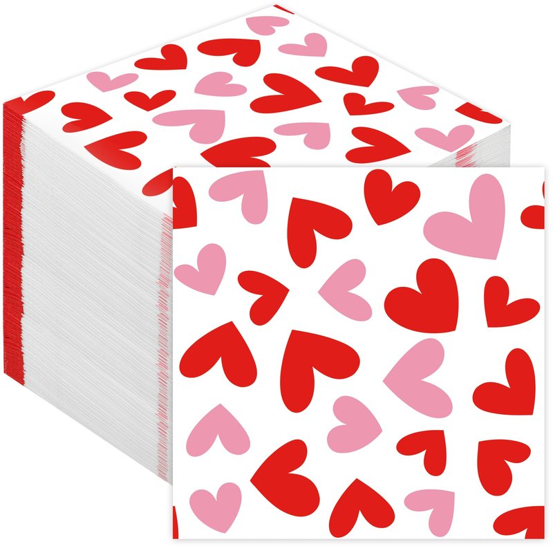 100 PCS Valentines Day Cocktail Napkins 5'' x 5'' Love Heart Disposable Paper Napkins 3 Ply Red Pink Heart Beverage Napkin for Valentines Wedding Anniversary Birthday Party Supplies Dinner Table Decor