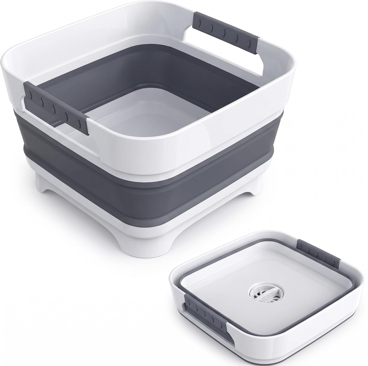 Collapsible Dish Basin with Drain Plug, 2.4 Gal 9L Foldable Wash Basin, Portable Sink Tub for Kitchen, Baby Bottles, Camping, RV, Vegetable Washing and Beverage Tub, Gray