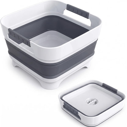 Collapsible Dish Basin with Drain Plug, 2.4 Gal 9L Foldable Wash Basin, Portable Sink Tub for Kitchen, Baby Bottles, Camping, RV, Vegetable Washing and Beverage Tub, Gray