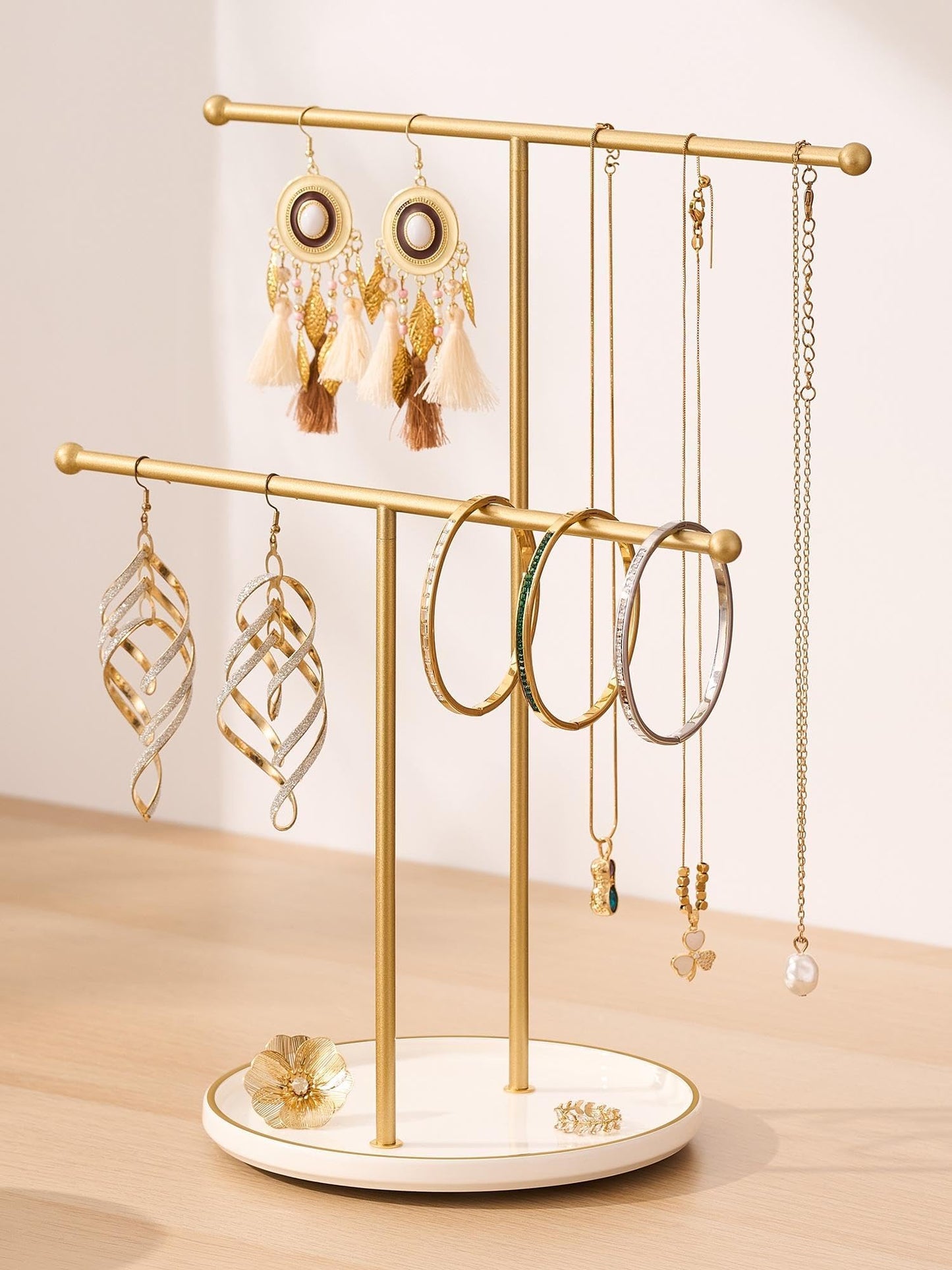 Josmimic Gold Jewelry Holder Stand with Ceramic Tray: Small Hanging Necklace Organizer Tree for Earrings, Bracelets, Rings – Jewelry Display Hanger for Women & Girls, White