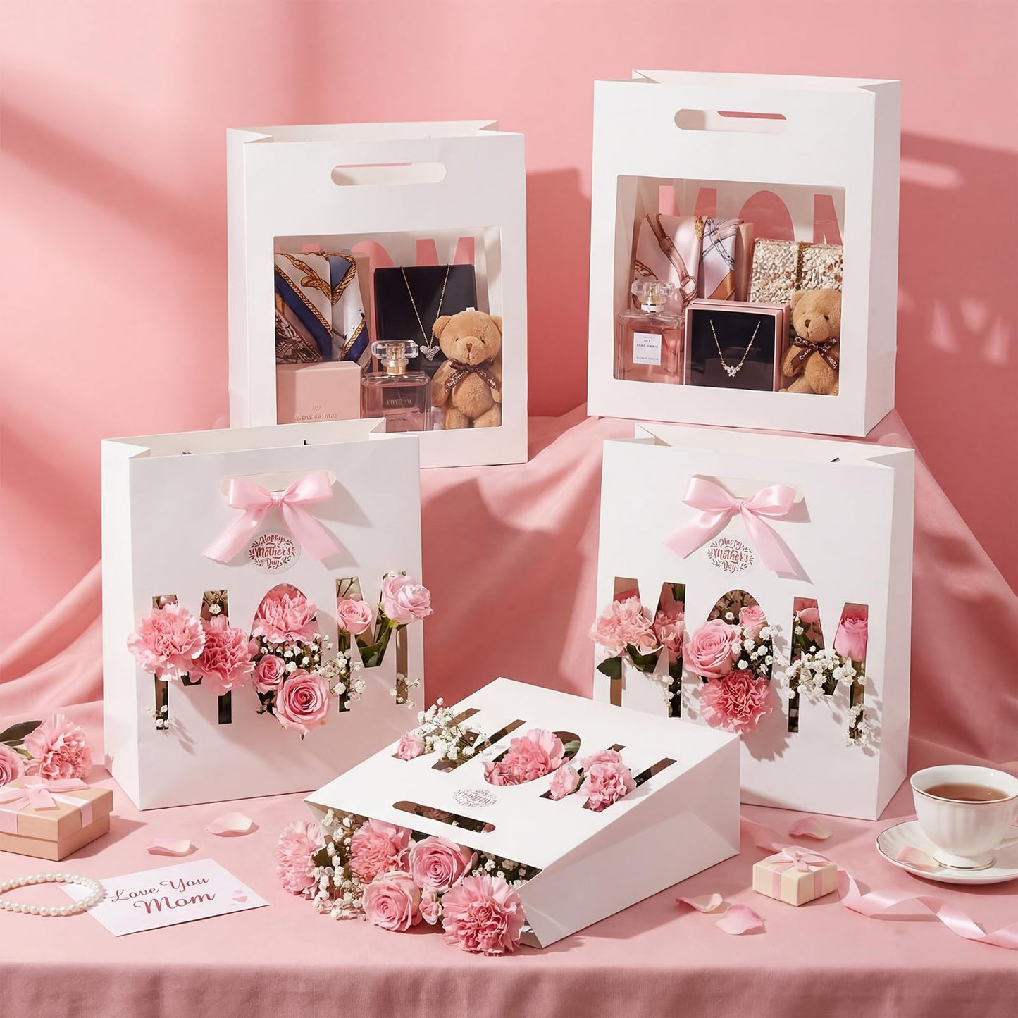 AmazingSpark 12 Set Mother's Day Large Gift Bags Bulk Paper Goodies Boxes with Stickers & Ribbon DIY Mother's Day Gift for Moms Birthdays Party Supplies Decor