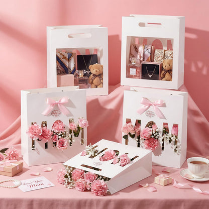 AmazingSpark 12 Set Mother's Day Large Gift Bags Bulk Paper Goodies Boxes with Stickers & Ribbon DIY Mother's Day Gift for Moms Birthdays Party Supplies Decor