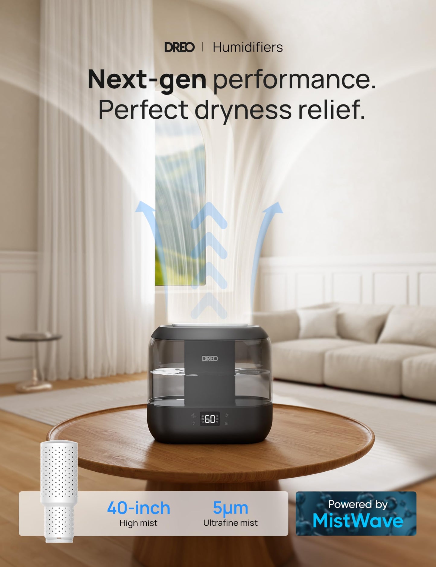Dreo Smart Humidifiers for Bedroom, Top Fill 4L Supersized Humidifier Large Room with 28 dB, 36H Runtime, Touch/APP/Voice Control, Nightlight, Cool Mist Humidifiers for Baby, Plants, Indoor, Black