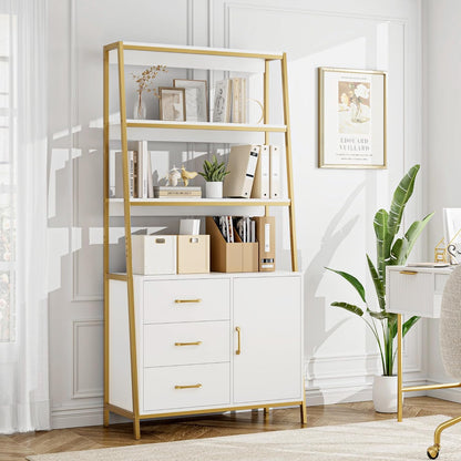 HITHOS Tall Bookshelf, Industrial Console Table with Drawers and Ladder Shelves, Free Standing Storage Cabinet Kitchen Bakers Rack with Microwave Oven Stand for Home Office, White Gold