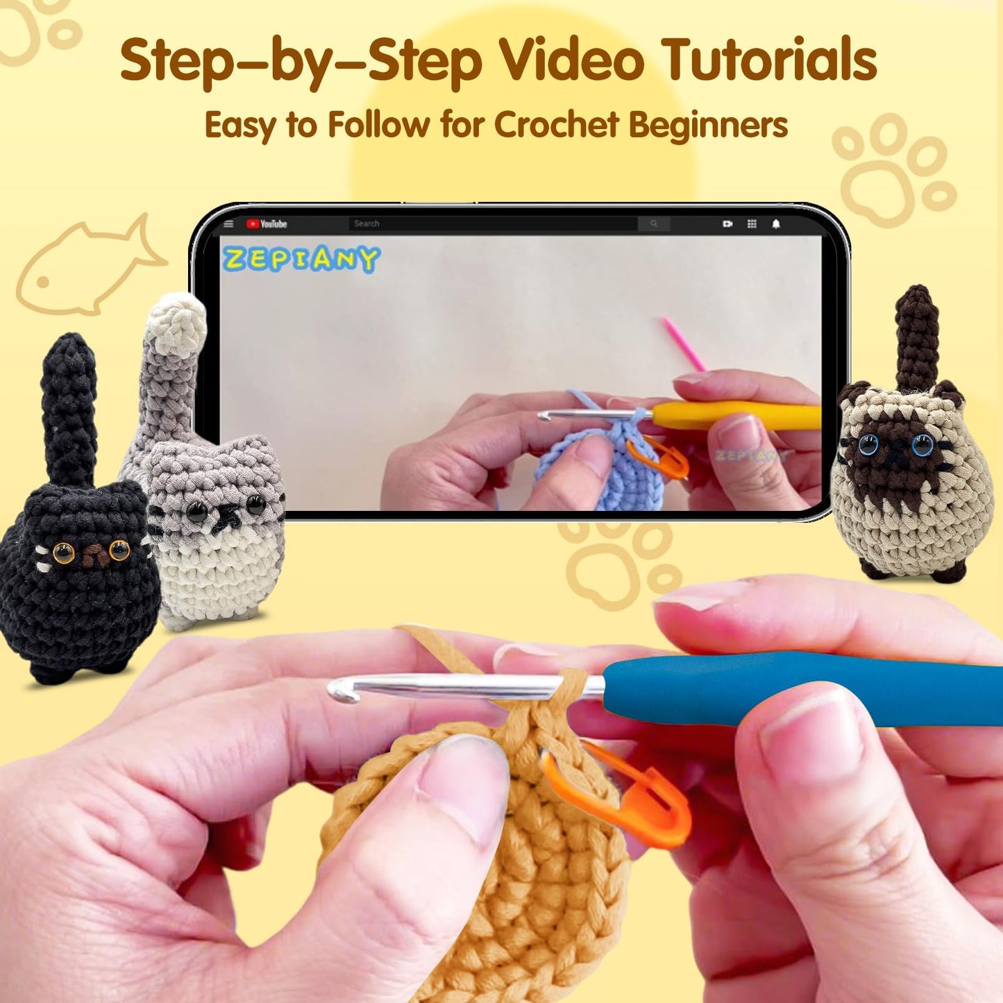 Zepiany Crochet Kit for Beginners, Crochet Cat Beginner Crochet Kit for Adults, Amigurumi Crochet Animals Cat Crafts Crochet Kits, Easy Knitting Kit Galentines Day