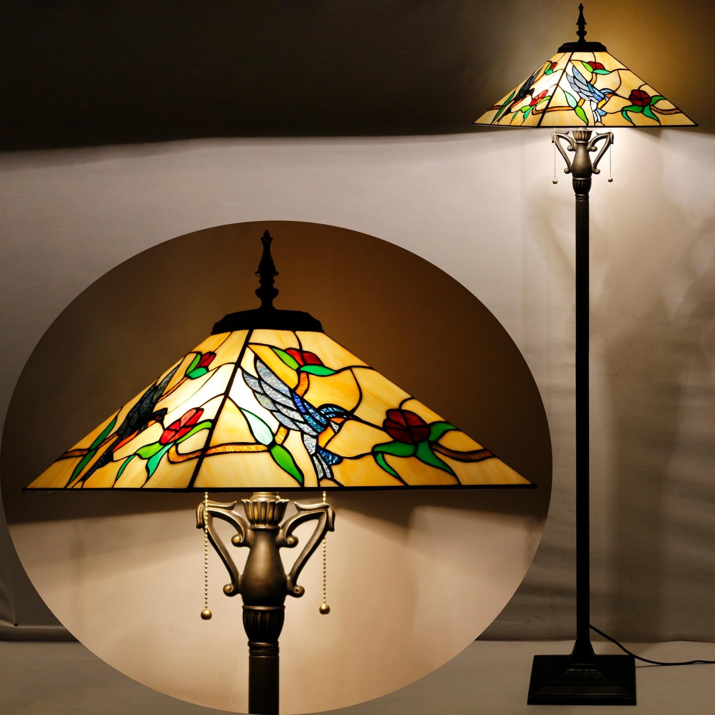 AVIVADIRECT Tiffany Floor Lamp Amber Hummingbird Mission Style Stained Glass Standing Reading Light 16X16X64 Inch