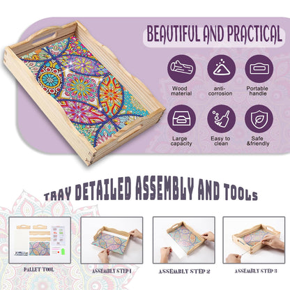EWJRNSF Diamond Art Kits for Adults Wooden Serving Trays with Handles, 5D Diamond Painting Big Gem Arts and Craft Gifts Trays Decor Gift Home Decor 7.8x11.8 Inches Mandala A